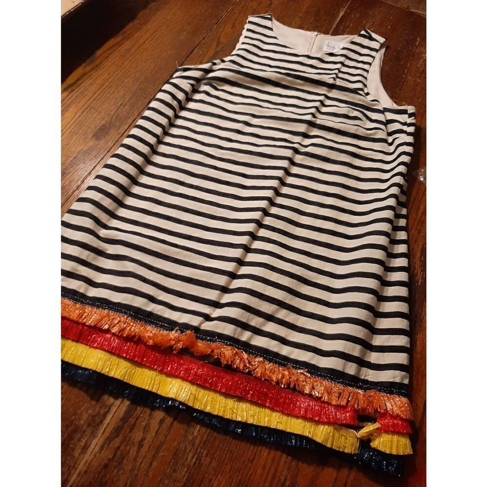 Size 12 Nicole Miller Sleeveless White Black with Raffia Layered Fringe Dress